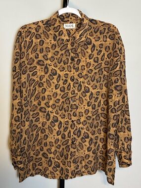 Flawed Selene Paris Silk Leopard Print Blouse Button Down Brown Black Medium